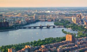 Aerial view of Boston and the Charles River showcasing the perspective used in drone surveying projects