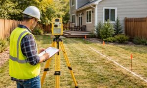 Backyard surveyor marking boundary lines - ALTA SURVEY Massachusetts Surveyor marking boundary lines during a property line survey in a residential backyard before ADU planning
