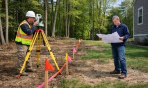 Land survey for fence layout and design - ALTA SURVEY Massachusetts Land survey for fence layout and design showing a surveyor marking property boundaries on a residential property