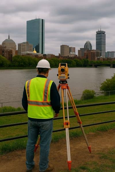Licensed land surveyor in Boston measuring property elevation near the Charles River for a FEMA elevation certificate.
