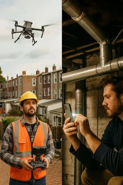 Surveyor operating a drone outdoors compared to a person using an iPhone 17 Pro LiDAR scanner indoors, showing the difference between drone land surveying and phone scans

