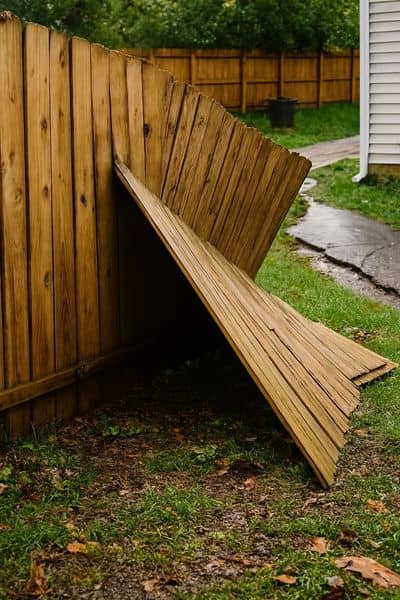 Wooden fence knocked over after a storm, showing how boundary lines can be disputed without a property survey
