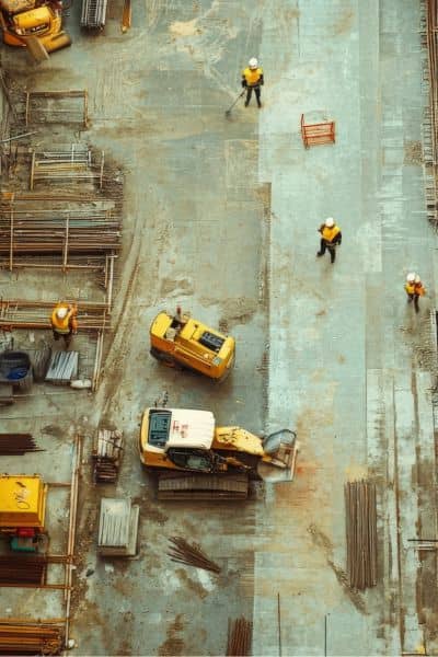 Aerial view construction survey drone mapping - ALTA SURVEY Massachusetts Aerial view of a construction site showing surveyors and heavy equipment during a construction survey captured by drone