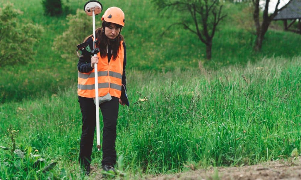Residential property surveyor gps measurement - ALTA SURVEY Massachusetts A land surveyor using GPS equipment to complete a boundary line survey on a grassy residential lot