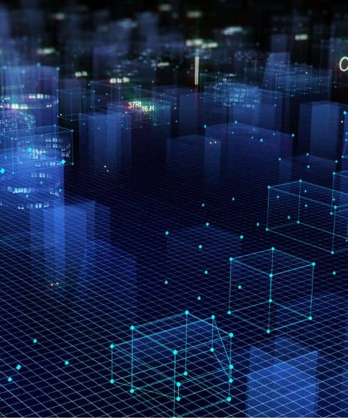 3D digital city model showing LiDAR-style point cloud data and elevation grids used to analyze complex urban sites in modern projects