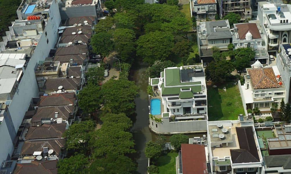 Aerial residential neighborhood - ALTA SURVEY Massachusetts Aerial view of residential properties where a boundary survey helps confirm property lines