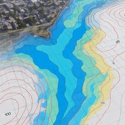 Flood risk topographic map overlay - ALTA SURVEY Massachusetts A detailed topographic flood map used in aerial surveying to show elevation and water flow patterns