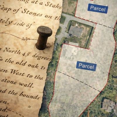 Historic deed map overlay modern parcel boundaries - ALTA SURVEY Massachusetts Older deed records overlaid with a modern lot survey showing irregular property boundaries