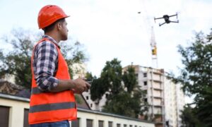 Drone land surveying being conducted by a professional surveyor at an active urban construction site