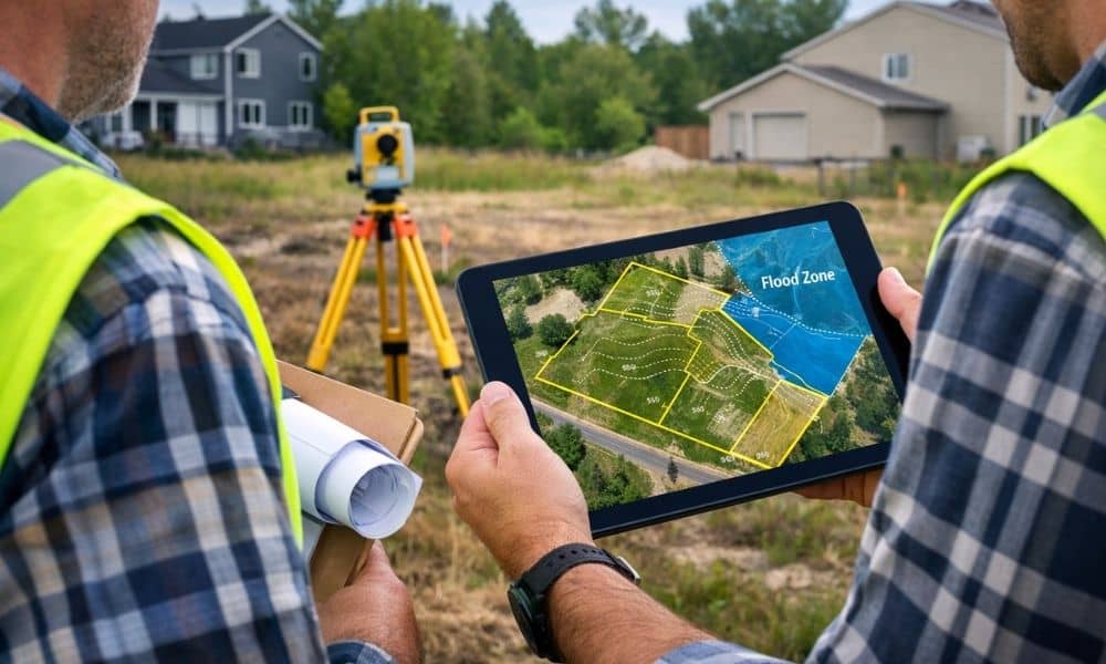 Land surveyor reviewing property boundary map tablet - ALTA SURVEY Massachusetts Surveyors reviewing survey mapping data on a tablet while checking property boundaries and flood risk on a residential lot