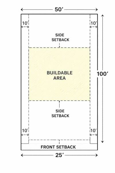 Site plan of a residential lot showing setback lines and buildable area from a lot survey to illustrate usable space for construction