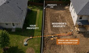 Sewer line crossing neighbor lot boundary issue - ALTA SURVEY Massachusetts Boundary survey showing a sewer line crossing into a neighboring property with marked property lines