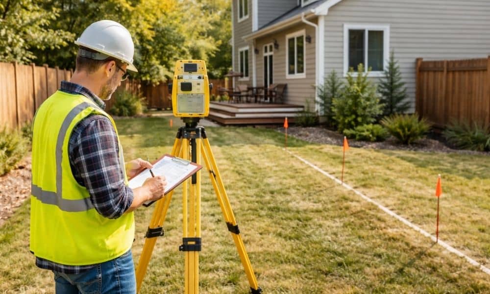 Backyard surveyor marking boundary lines - ALTA SURVEY Massachusetts Surveyor marking boundary lines during a property line survey in a residential backyard before ADU planning