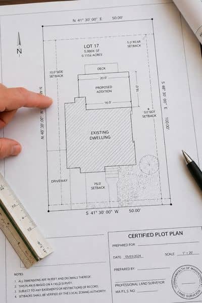Detailed plot plan showing property lines, measurements, and a proposed addition layout