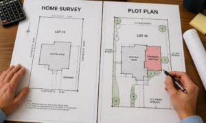 Comparison of a home survey and a plot plan with a proposed addition drawn on the property