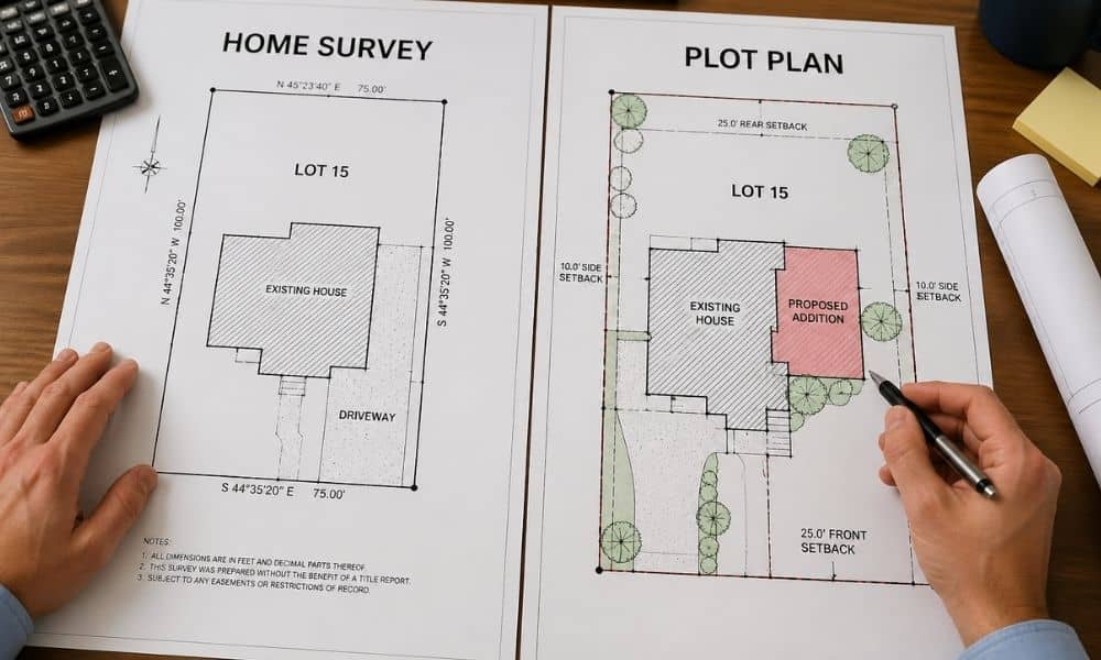 Comparison of a home survey and a plot plan with a proposed addition drawn on the property