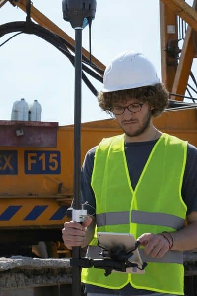 Professional land surveyor using GPS equipment to measure property boundaries