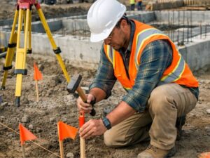 Construction surveyor marking layout points on a job site in Boston, MS to ensure accurate building placement
