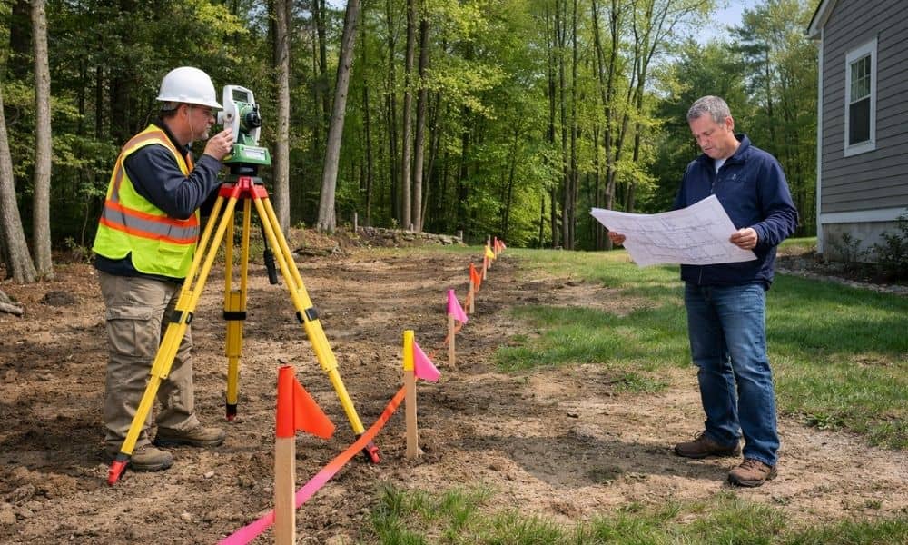 Land survey for fence layout and design showing a surveyor marking property boundaries on a residential property