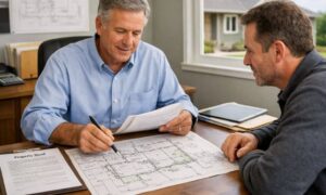 Licensed land surveyor reviewing property records and survey documents with a client before making property decisions