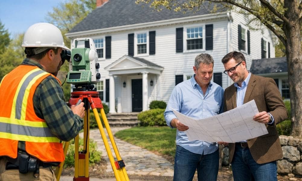 Home survey before renovation - ALTA SURVEY Massachusetts Land surveyor measuring property boundaries while homeowners review renovation plans outside a historic home