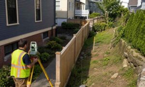 Surveyor conducting a land survey for fence planning beside a narrow residential lot