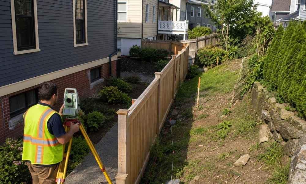 Surveyor conducting a land survey for fence planning beside a narrow residential lot
