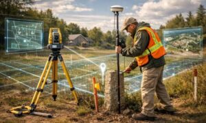Land surveyor using GPS equipment to map property boundaries for accurate GIS data and property records