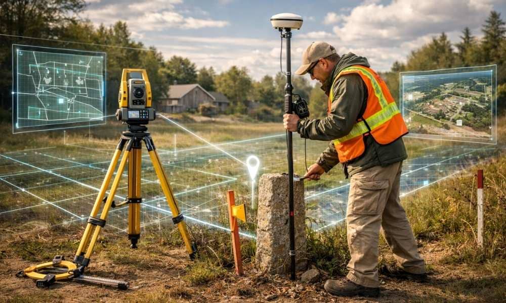 Property land survey gis boundary mapping records - ALTA SURVEY Massachusetts Land surveyor using GPS equipment to map property boundaries for accurate GIS data and property records