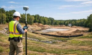 Land surveyor conducting a topographic survey on a residential construction site to support site design and drainage planning