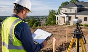 Land surveyor near me reviewing property plans on a residential survey site