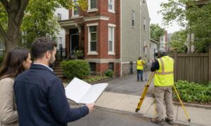 A buyer and closing professional review a lot survey while surveyors measure a Boston property
