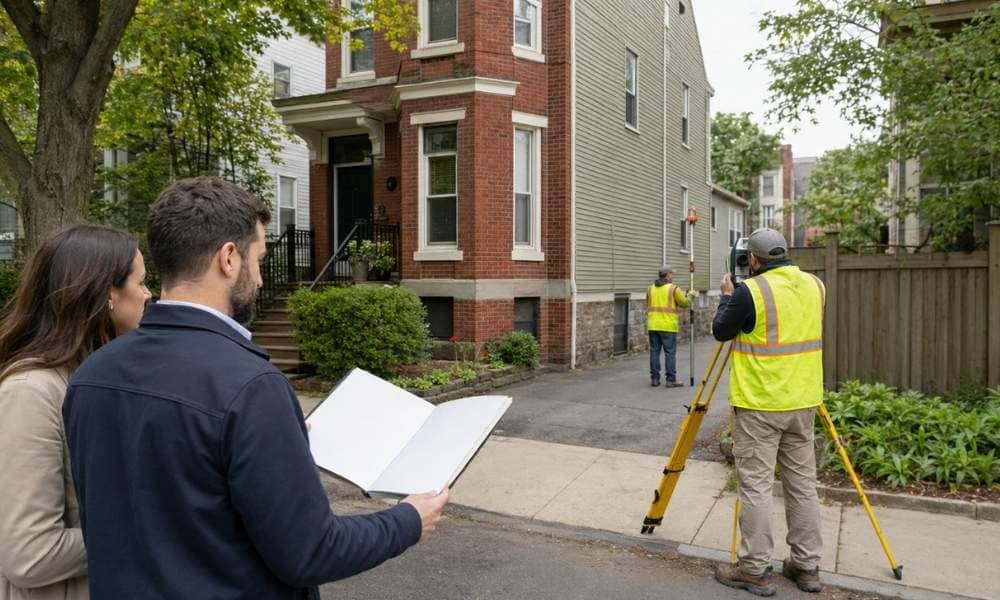 A buyer and closing professional review a lot survey while surveyors measure a Boston property