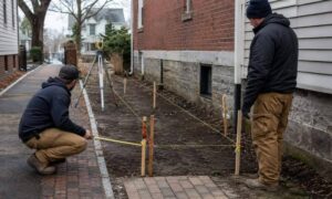 Property survey for fence layout on a narrow residential lot in Boston, Ma, with stakes, string lines, and survey equipment before installation