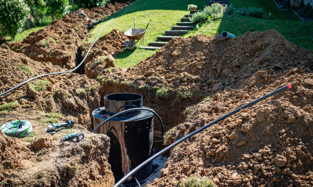 Open trench with underground piping and utility structures, showing conditions that may be documented during a construction survey